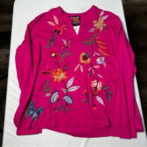 Johnny Was Sandra Split Jersey Long Sleeve Tee Pink Embroidery New Sz XL Boho